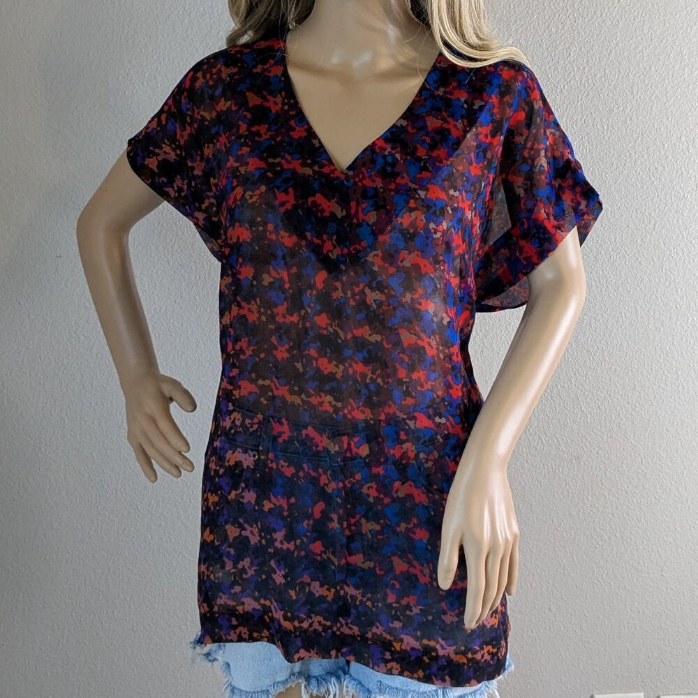 CAbi Top Women's Medium Abstract Houndstooth Sheer V-Neck Short Sleeve Blouse